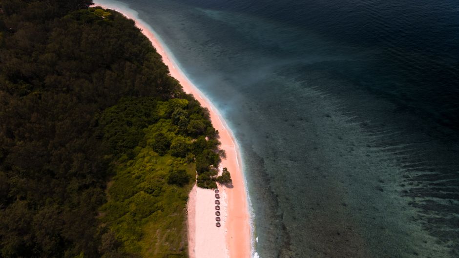 A breathtaking aerial view of an unspoiled beach in Indonesia, featuring lush greenery and turquoise waters.