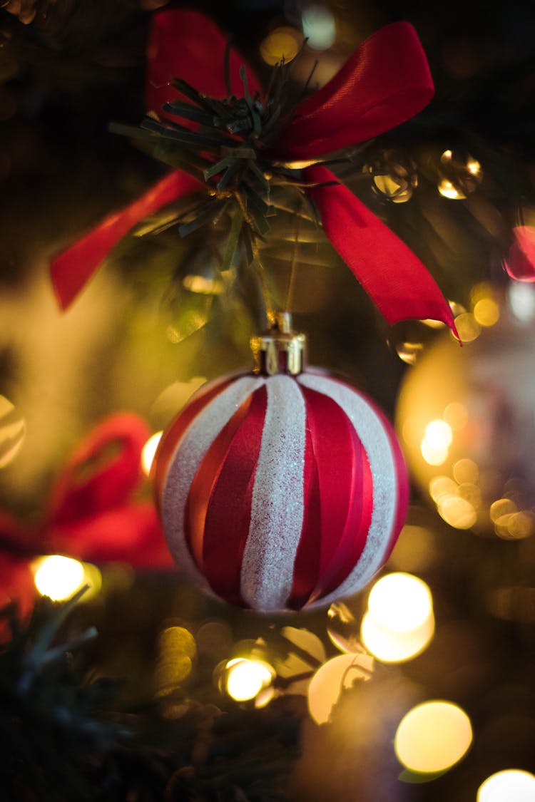 Red And White Stripe Christmas Bauble Hanging On Christmas Tree