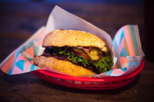 Free Hamburger on Red Tray Stock Photo