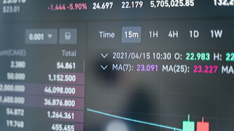 Close-up of a cryptocurrency trading screen displaying real-time data, graphs, and analytics.