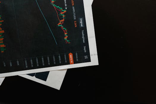 Detailed close-up of a financial chart on a black surface, showing stock market analysis.
