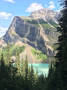 山峰令人惊叹，湖泊碧绿，周围环绕着郁郁葱葱的森林，映衬着明亮的蓝天