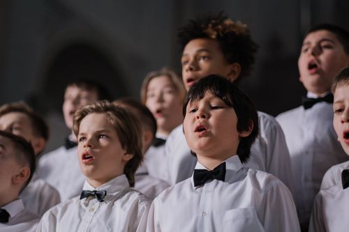 Free A group of boys in white shirts and bow ties performing in a choir. Stock Photo