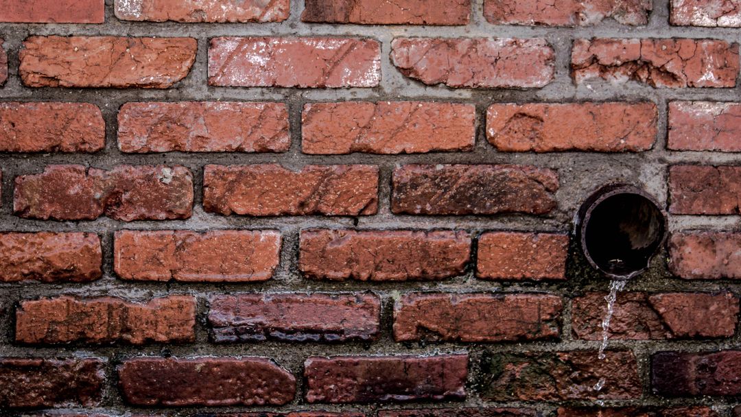Water running from a drainage pipe down the brick wall of a building