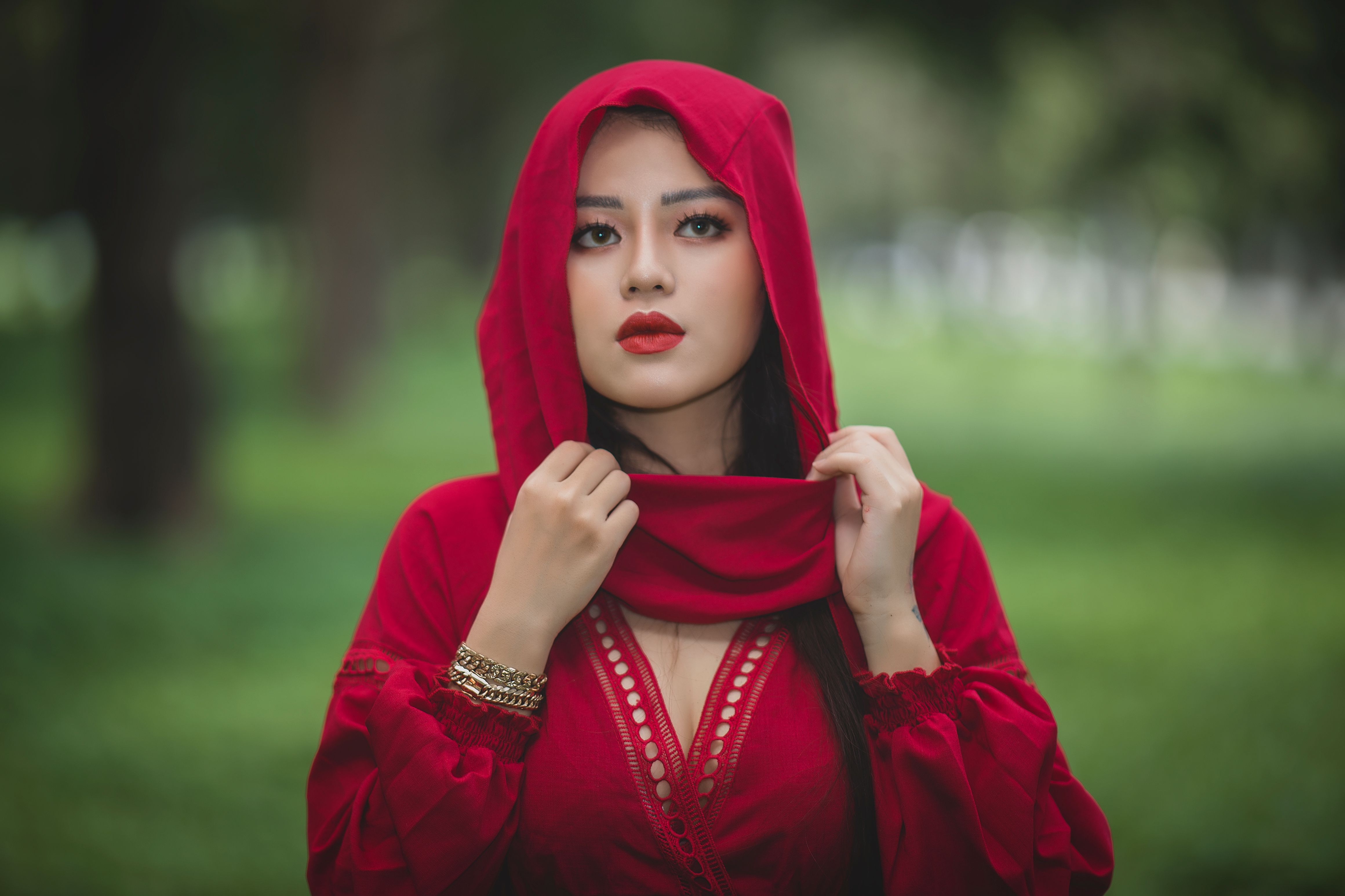 Pretty Woman in Red Dress and Hijab · Free Stock Photo