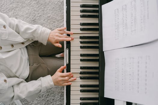 Close-up of a woman playing piano with sheet music on a stand, viewed from above.