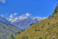 蓝天明亮，白雪皑皑的山脉和郁郁葱葱的青山令人惊叹