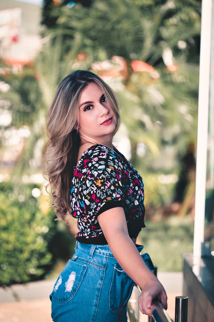 Beautiful Woman In Black Printed Shirt