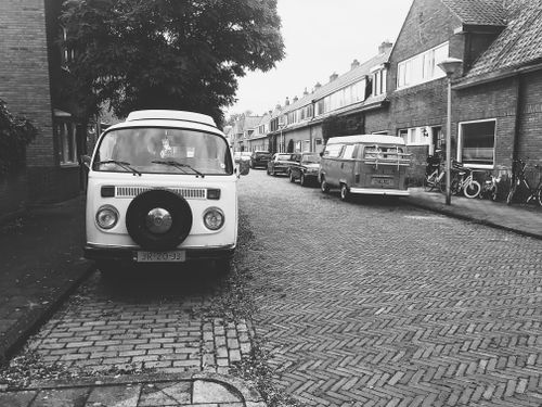 Free Monochrome view of classic Volkswagen vans on a serene street, capturing a retro urban vibe. Stock Photo