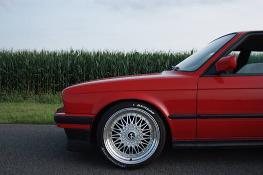 一辆经典红色合金车轮汽车的侧面图，停在乡村路旁的玉米地边