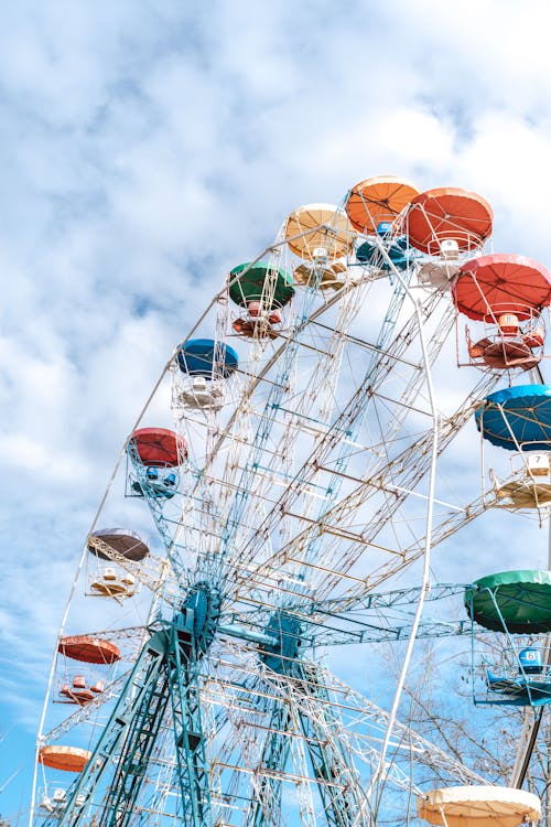 Observation wheel with colorful cabins in park
