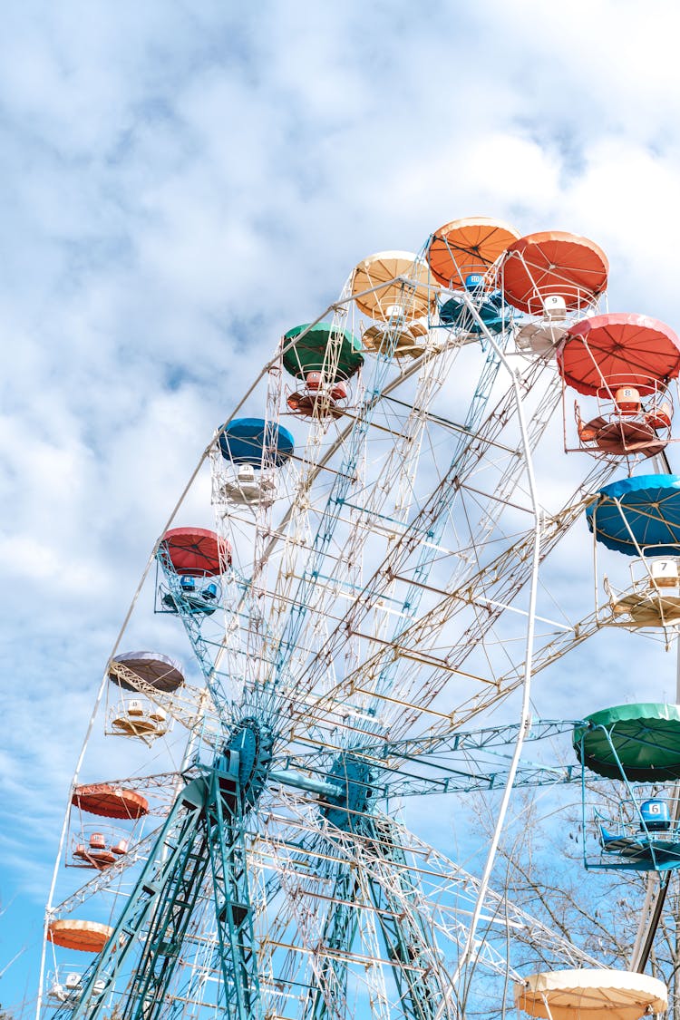 Observation Wheel With Colorful Cabins In Park