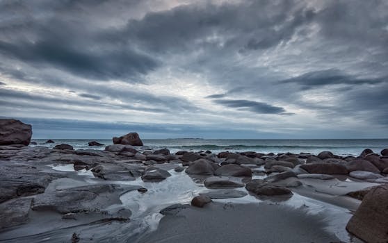 Explore the dramatic rocky seashore in Nordland, Norway under a cloudy sky.