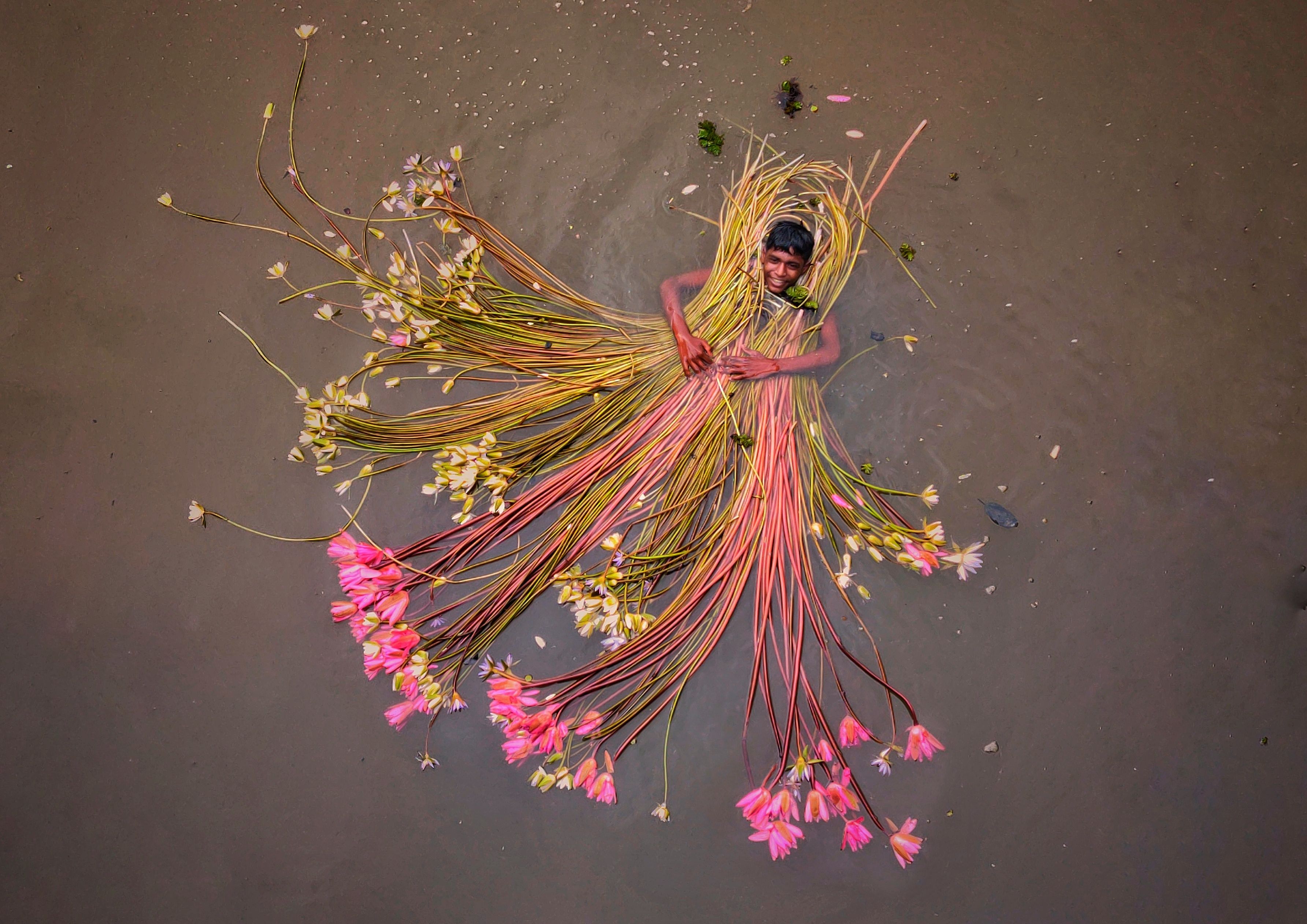 A man surrounded by vibrant water lilies floating in a serene river, captured from above.