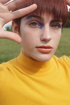 A striking portrait of a woman outdoors with bold blue eye makeup and a vibrant yellow shirt.