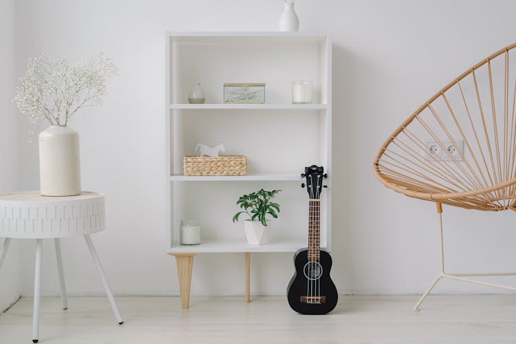 Black Ukelele Near A Shelf