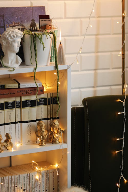 Close-up of a Bookshelf and Home Decor Items on It and a Handing String of Fairy Lights 