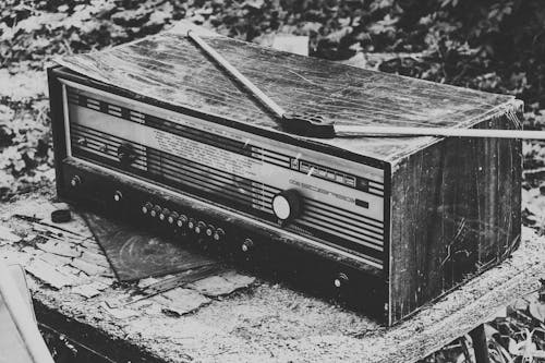 Grayscale Photo of a Vintage Radio
