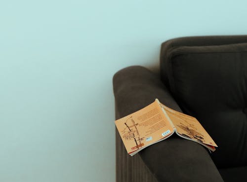 Yellow interesting book on soft dark domestic sofa in lounge on white background