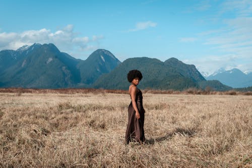 茶色の芝生のフィールドに立っている茶色のドレスの女性