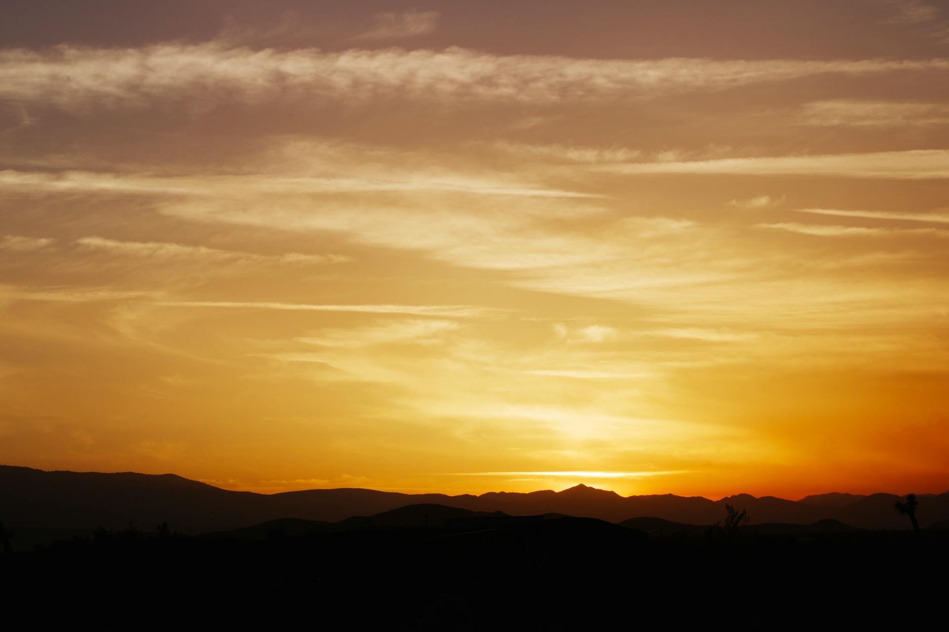 Stunning sunset over Joshua Tree National Park with silhouetted mountains and vibrant skies.