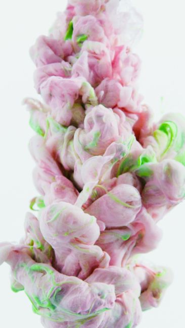 Fotomural Un colorido remolino abstracto de tinta rosa y verde capturado bajo el agua, movimiento líquido artístico.