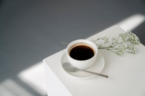 Free From above of ceramic cup of hot Americano coffee placed on saucer near spoon and twig of plant on white cube Stock Photo