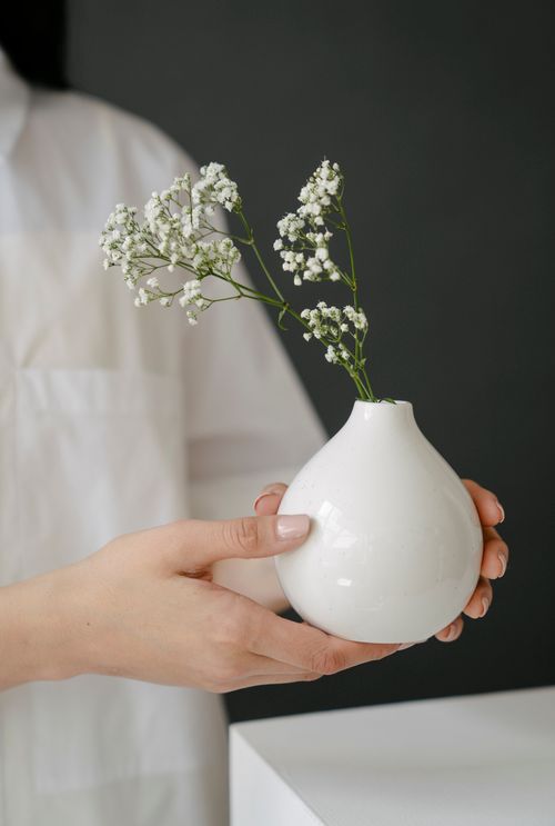 Free A close-up of a hand holding a white vase with baby's breath flowers against a neutral background. Stock Photo