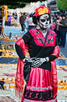 Woman in traditional Day of the Dead costume and face paint at a festive parade in Mexico City.