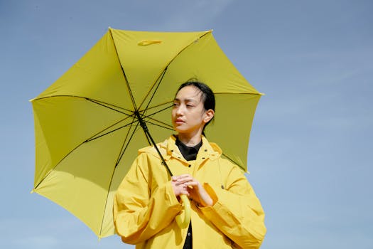 A woman stands outdoors in a yellow raincoat holding a matching umbrella against a blue sky.
