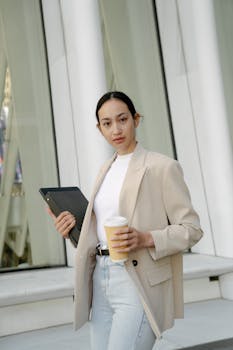 Confident businesswoman outdoors holding coffee and laptop, fashionably dressed.