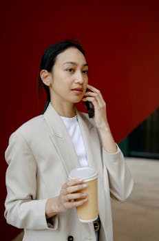 Elegant Asian businesswoman holding coffee and talking on the phone outdoors.