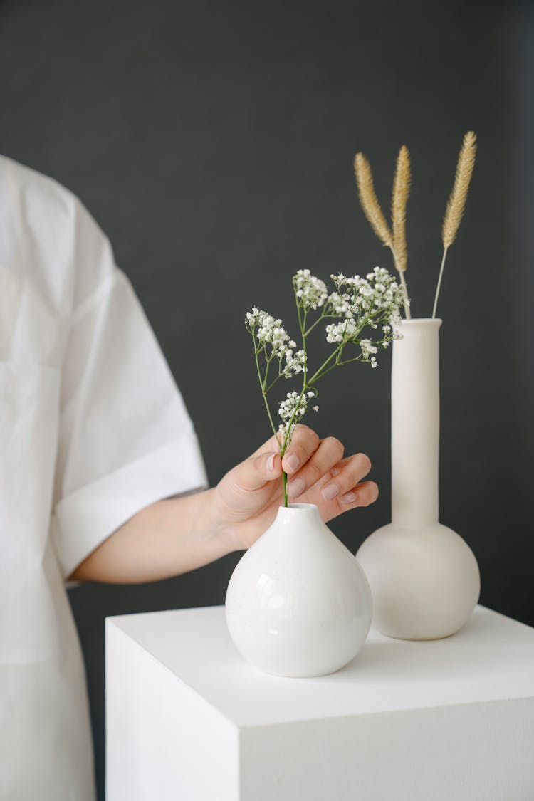 Crop Anonymous Woman Decorating Table With Vases Of Gentle Plants