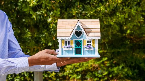 Free Close-up of a man's hands holding a decorative miniature house against foliage backdrop. Stock Photo