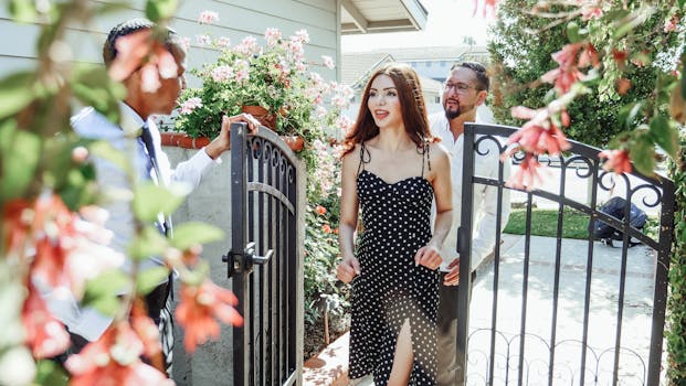 A couple is greeted by a realtor at the entrance of a new home, surrounded by flowers.