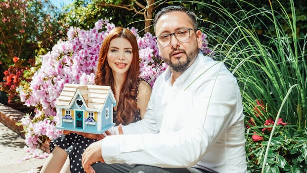 A joyful couple holding a small house model amidst vibrant flowers, symbolizing new beginnings.
