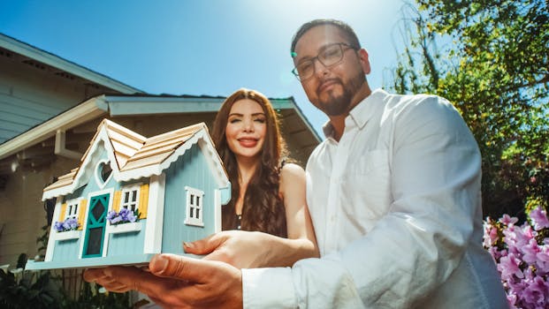 Happy couple proudly holding a miniature house symbolizing new homeownership.