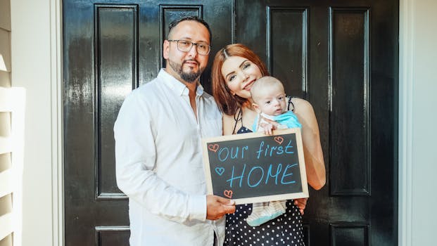 Young family holding sign celebrating their first home purchase. Joyful and heartwarming moment.
