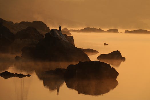 日落时分，薄雾湖上景色宁静，岩石轮廓清晰，一只孤鸟独立