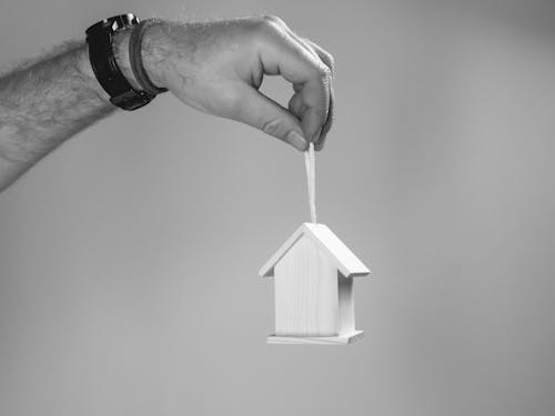 Free Person Holding Miniature Wooden Bird House Stock Photo