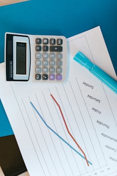 Top view of office desk with calculator, graph papers, and a marker.