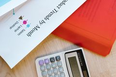 Calculator on desk with business documents and charts detailing product trends.