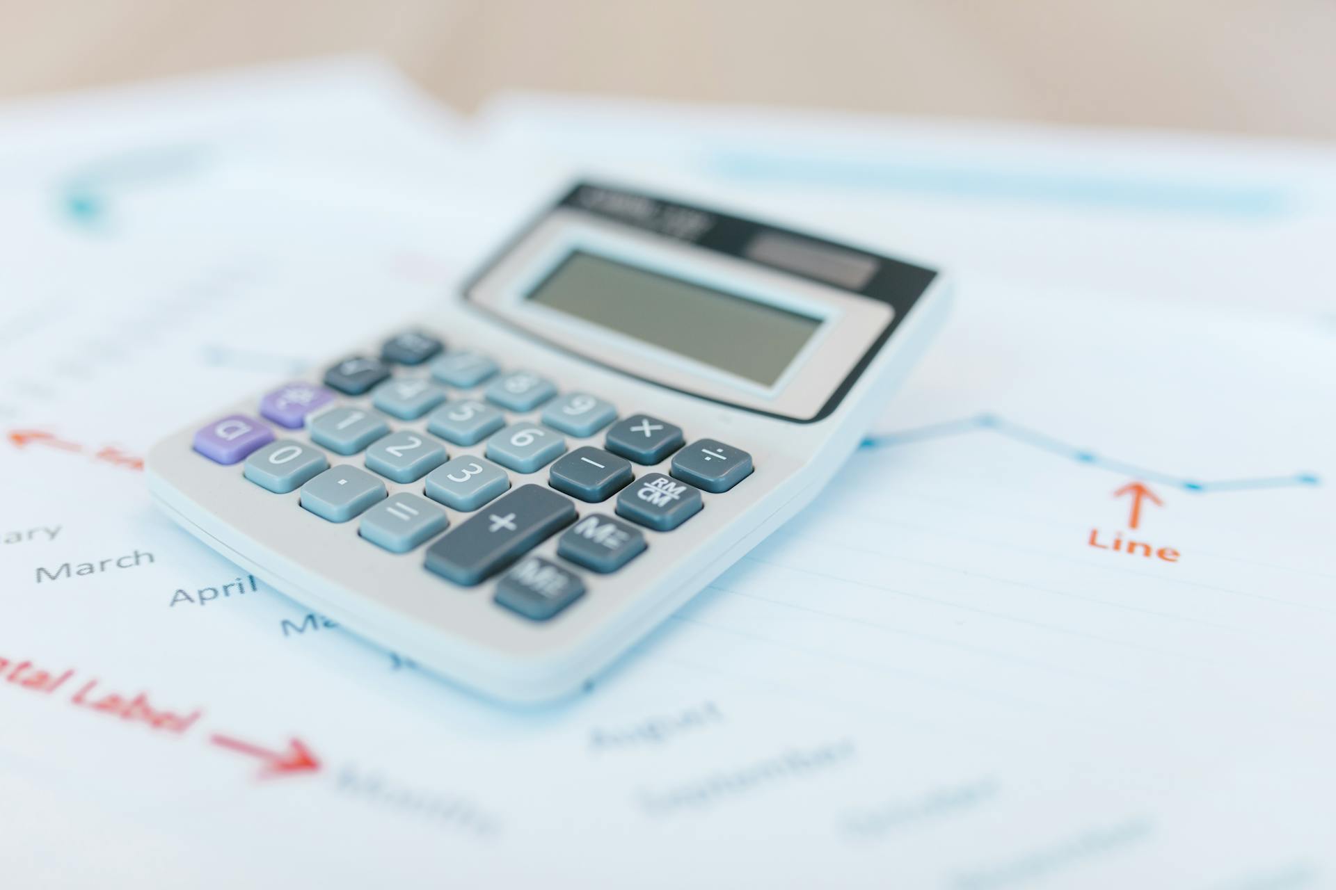 Close-up of a calculator on financial documents with graphs and analysis papers.