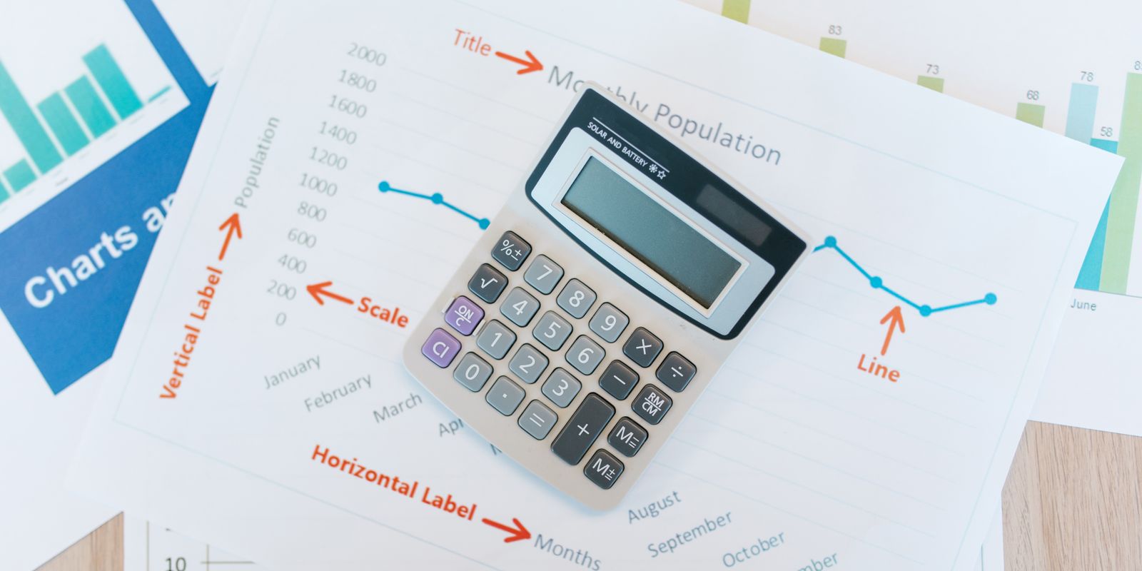 Calculator placed on financial graphs and reports showcasing data analysis and business documentation.