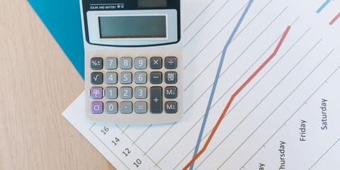 Top view of calculator and graph paper on office desk, perfect for business themed visuals.