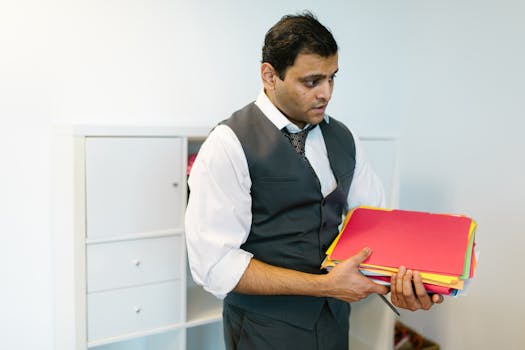 Male office worker in formal attire holding colorful folders in a modern office space.