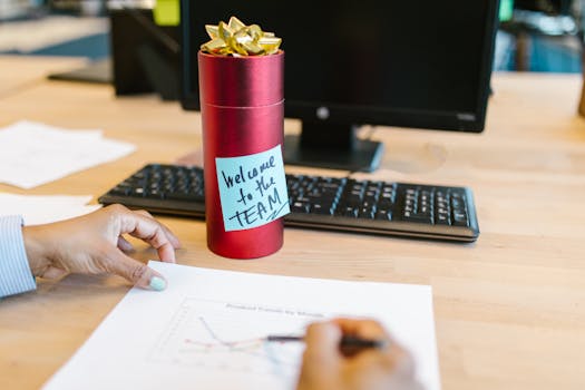 A welcoming gift on an office desk with a computer and person holding a chart.