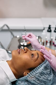 Woman receiving cosmetic injection in clinical setting, showcasing beauty treatment process.