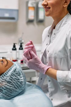 Smiling nurse with gloves prepares for a procedure with a patient in clinic setting.