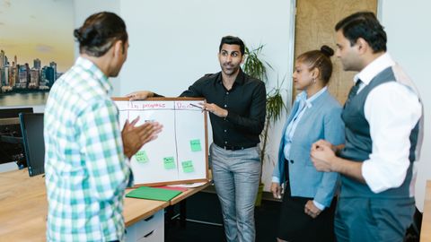 Diverse team discussing project progress with a board in a modern office.